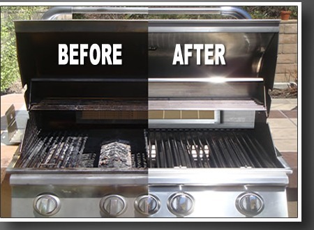 A grease-caked grill before cleaning next to the same grill spotless after a Deep Clean