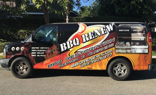 Mobile BBQ cleaning service van parked at a Southern California home